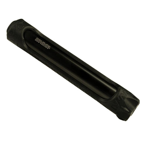 A black Dynavap Sling Stash Tube made from machined aluminum with a silicone sling, designed for on-the-go usage or storage of a Dynavap device.