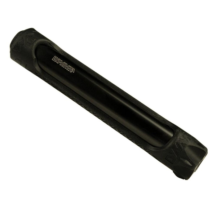 A black Dynavap Sling Stash Tube made from machined aluminum with a silicone sling, designed for on-the-go usage or storage of a Dynavap device.