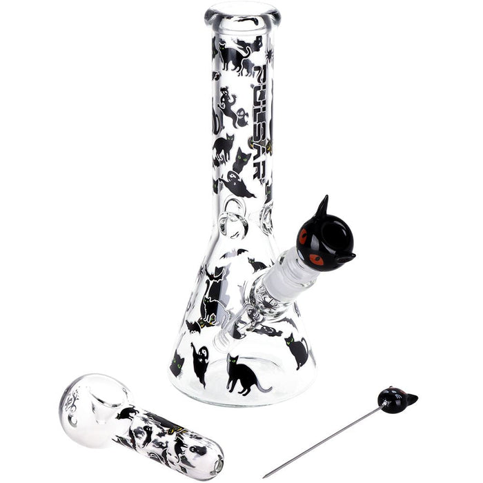 Pulsar Superstitious Kitty GLOW Glass Herb Pipe Combo Kit