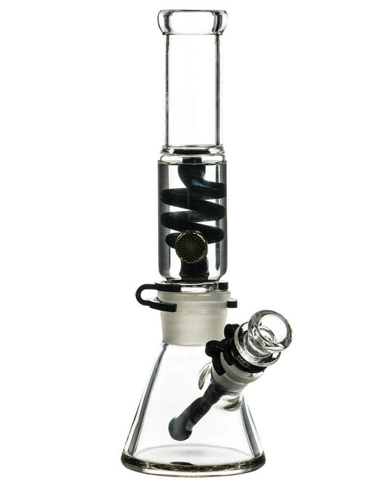 Glass water pipe with spiral design on a white background