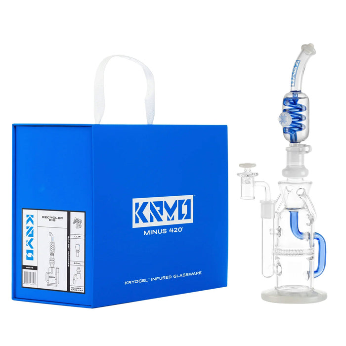Glass smoking device with blue accents next to a blue KRYO box on a white background