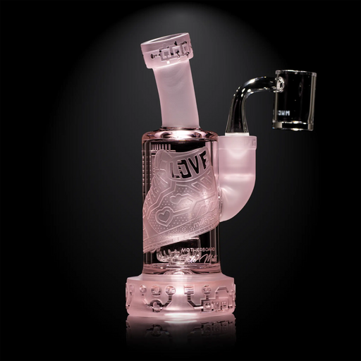 Glass smoking device with 'LOVE' engraving on a black background