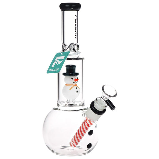A clear glass water pipe with a snowman-themed design, featuring a small snowman figure in a top hat inside the chamber, a red and white striped candy cane inside the base, and a green FLESH tag attached.