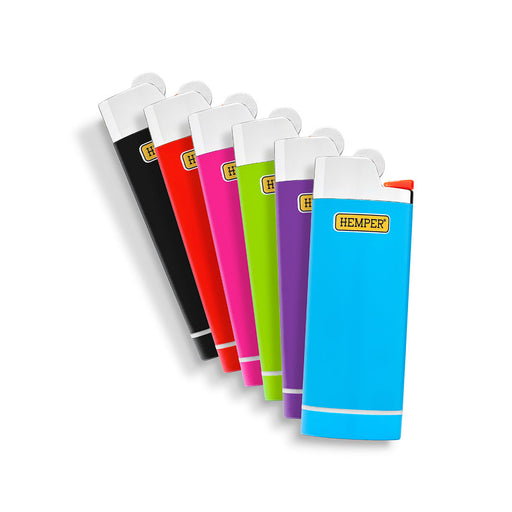 Set of colorful lighters with 'Hemper' branding on a white background