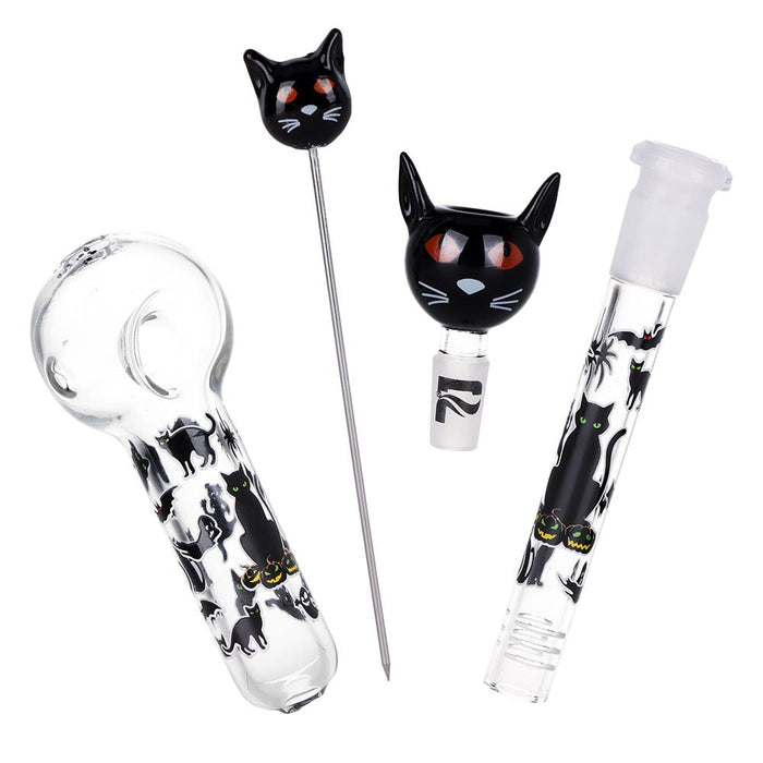 Pulsar Superstitious Kitty GLOW Glass Herb Pipe Combo Kit