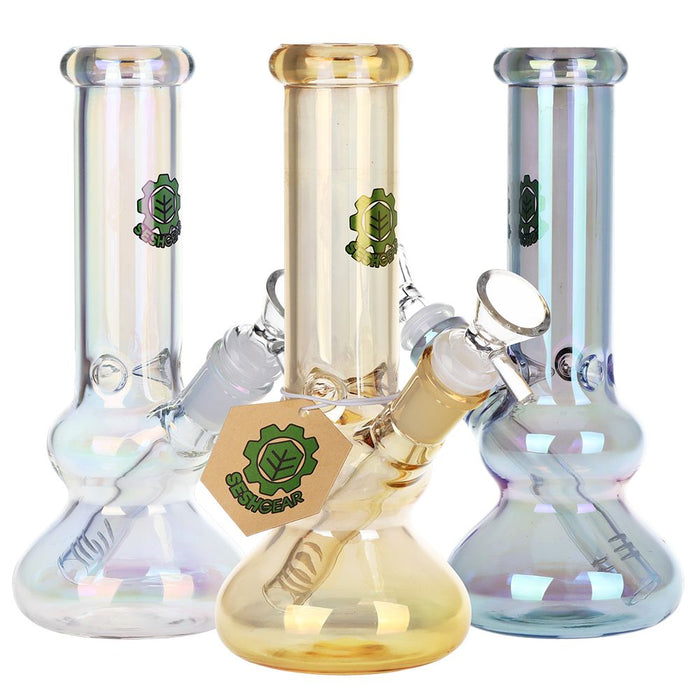SeshGear Double Bubble Electroplated Glass Water Pipe - 8" / 14mm F / Colors Vary