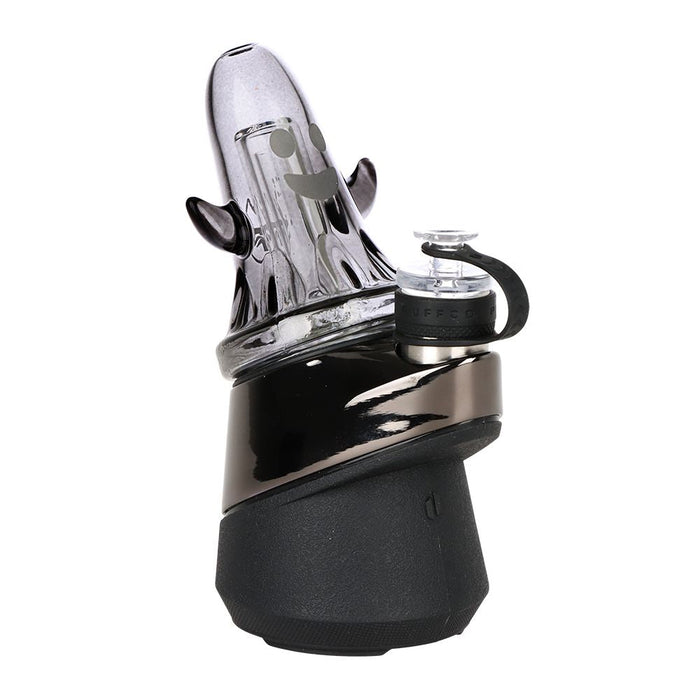 A sleek, modern water bottle with a glossy black and metallic silver design, featuring a unique tapered shape and a small integrated black carrying loop, shown on a solid white background.