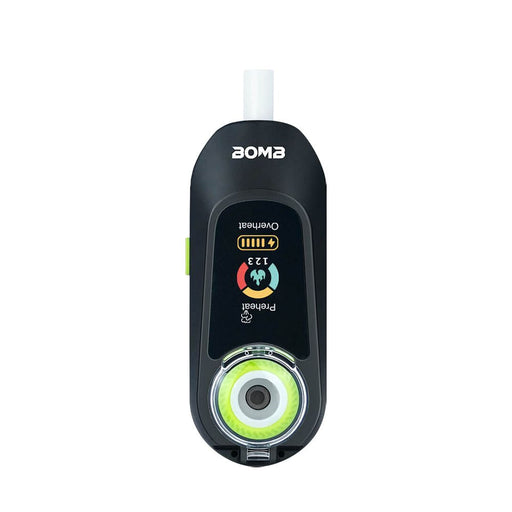 Black electronic device with digital display and green accents on a white background
