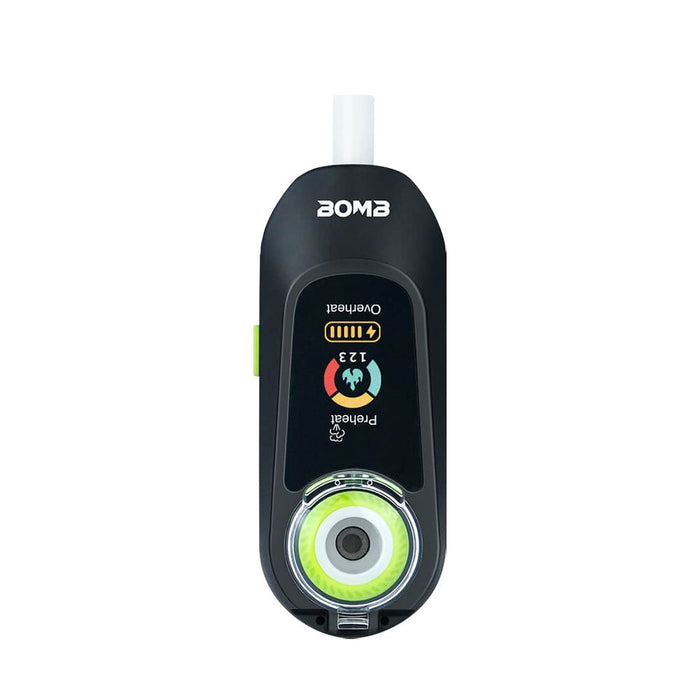 Black electronic device with digital display and green accents on a white background
