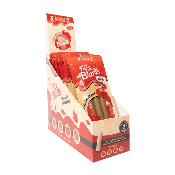 Display box of Fill a Blunt's flat grain smoking sticks with packaging on a white background