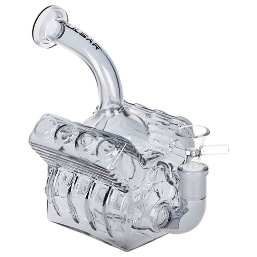 A clear glass water pipe shaped like a detailed car engine block, featuring a curved glass intake pipe with the brand name 'JULBAR' printed on it, set against a plain white background.