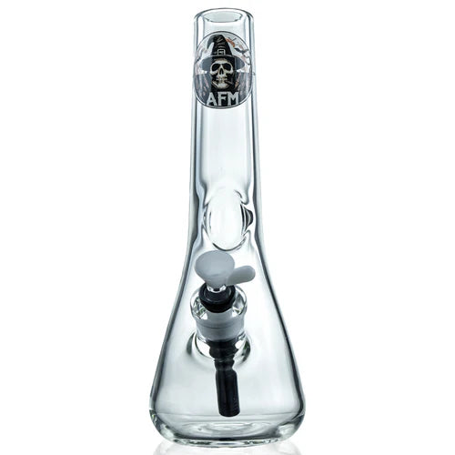 Clear glass water pipe with a skull design on a white background