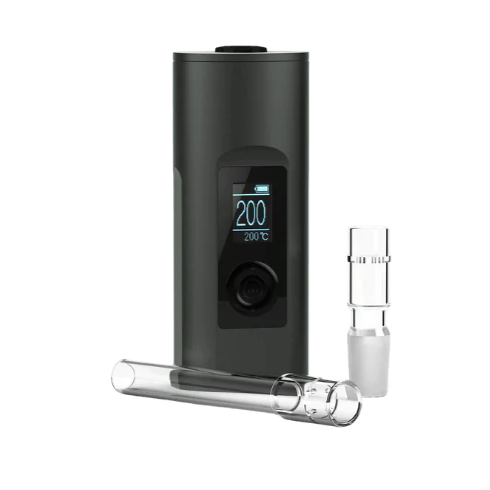 Black electronic device with digital display and a clear cartridge on a white background