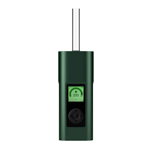 Green electronic device with a digital display on a white background