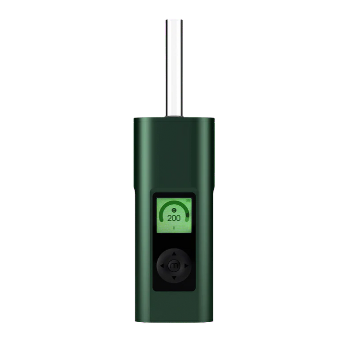 Green electronic device with a digital display on a white background