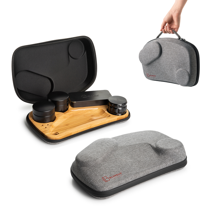 Portable desk setup with a tray, mouse pad, and carrying case on a white background