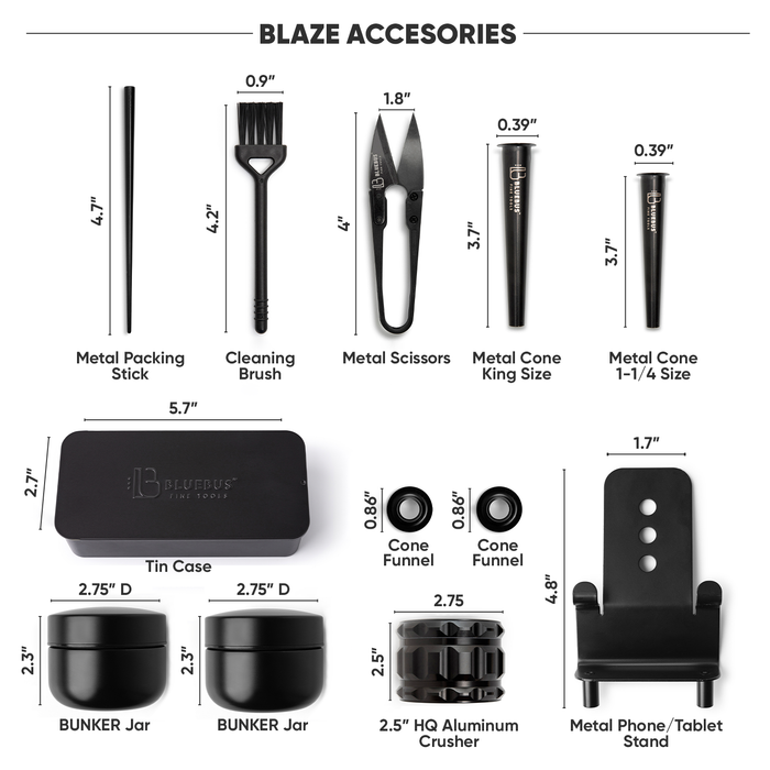 Blaze Accessories set with dimensions and descriptions on a white background
