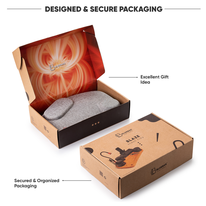 Open cardboard box with gray product inside, featuring branding and text about packaging design and security.