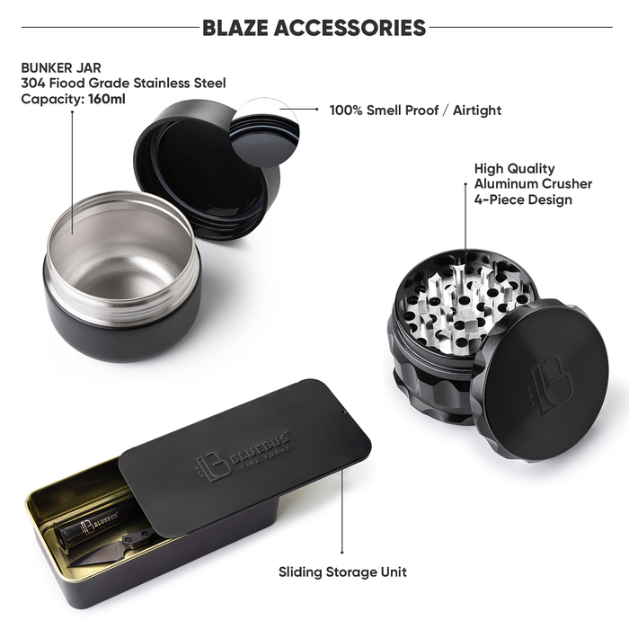 Blaze accessories including a stainless steel jar, black grinder, and sliding storage unit on a white background.