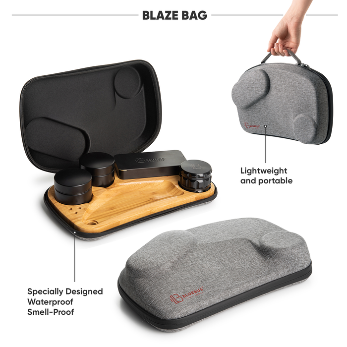 Blaze Bag with portable case, wooden surface, and black tray on a white background