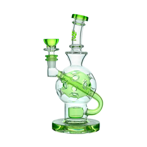 Green glass water pipe with a white background
