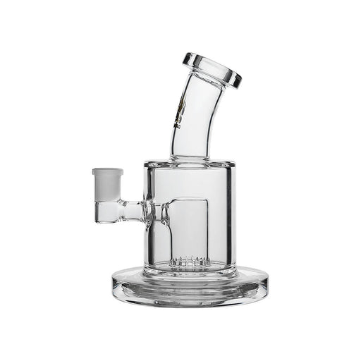 Clear glass water pipe with a cylindrical chamber, side bowl, and angled neck, shown on a plain white background.