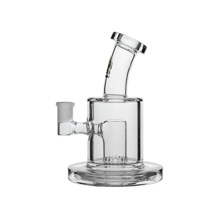 Clear glass water pipe with a cylindrical chamber, side bowl, and angled neck, shown on a plain white background.