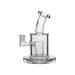 Clear glass water pipe with a cylindrical chamber, side bowl, and angled neck, shown on a plain white background.
