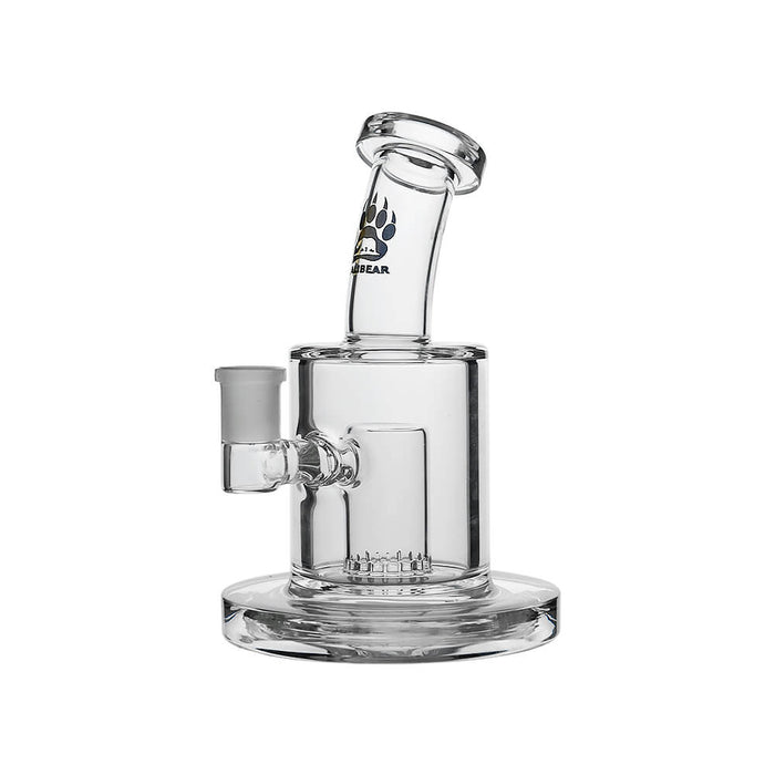 Clear glass water pipe with a cylindrical chamber, side bowl, and curved neck, shown on a plain white background. The neck has a black paw print logo and the brand name 'Pawlar'.