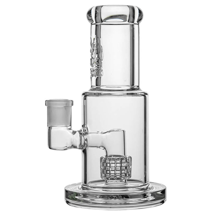 Clear glass water pipe with multiple chambers on a white background