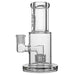 Clear glass water pipe with multiple chambers on a white background