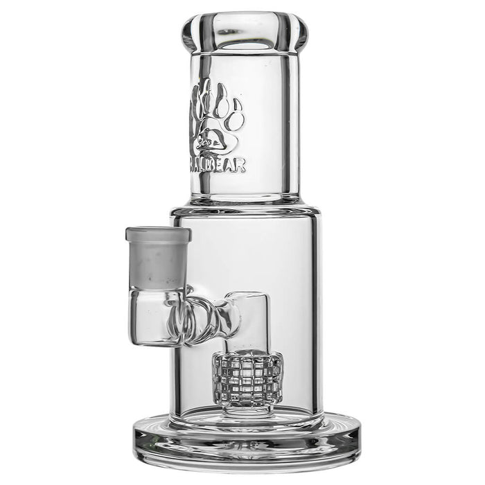 Clear glass water pipe with a brand logo on a white background
