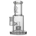 Clear glass water pipe with a brand logo on a white background