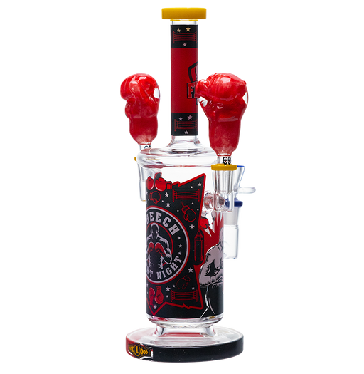 Decorative glass pipe with red accents and a logo on a white background