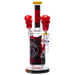 Decorative glass pipe with red accents and a logo on a white background