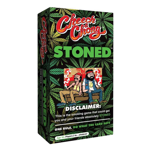 Box of 'Stoned' card game by Cheech & Chong with leaf patterns and character illustration.