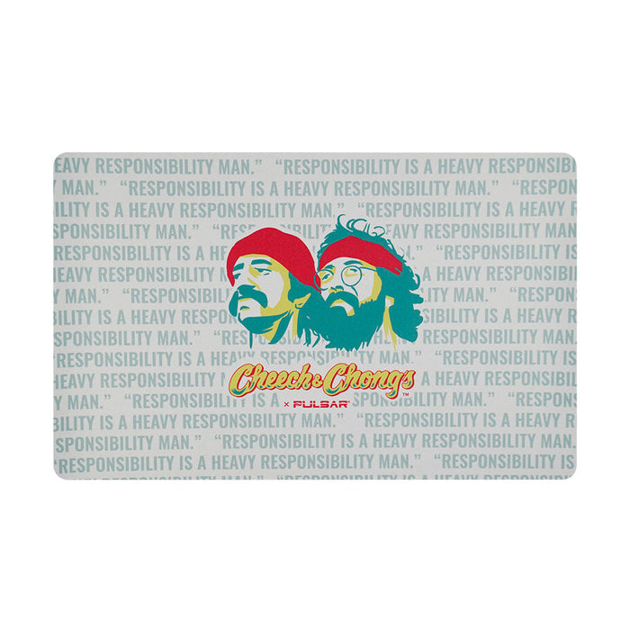 Card with two bearded characters and text on a light gray background