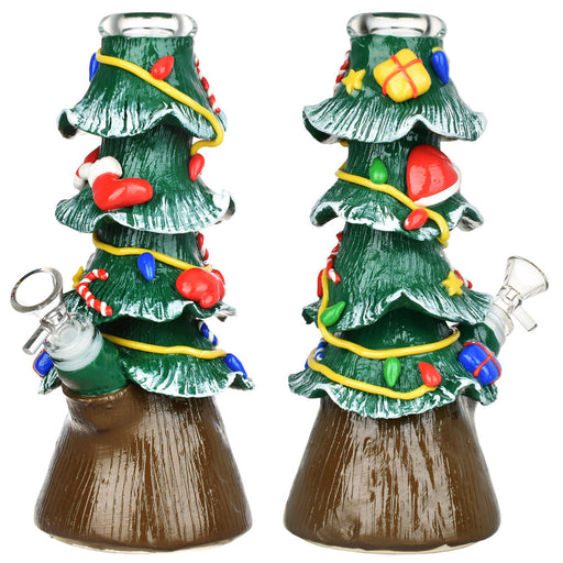 Celebrate the holidays with the Christmas Tree Beaker Glass Water Pipe – 9.75" tall, borosilicate glass, resin design, and 14mm bowl included.