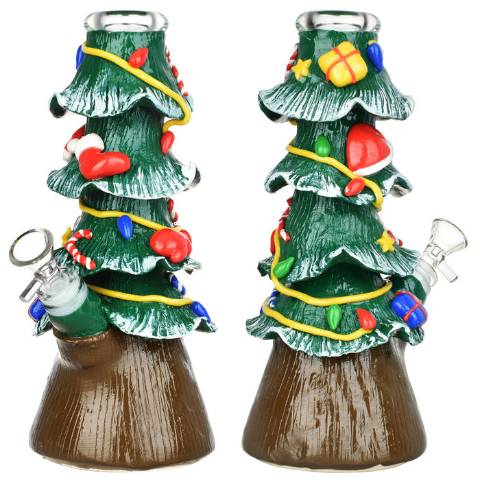 Celebrate the holidays with the Christmas Tree Beaker Glass Water Pipe – 9.75" tall, borosilicate glass, resin design, and 14mm bowl included.