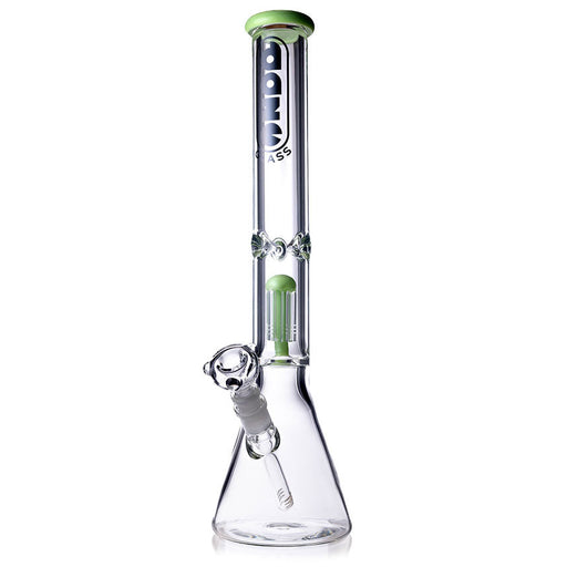 Glass water pipe with green accents on a white background