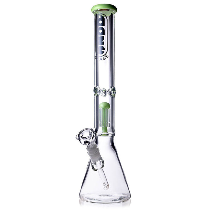 Glass water pipe with green accents on a white background