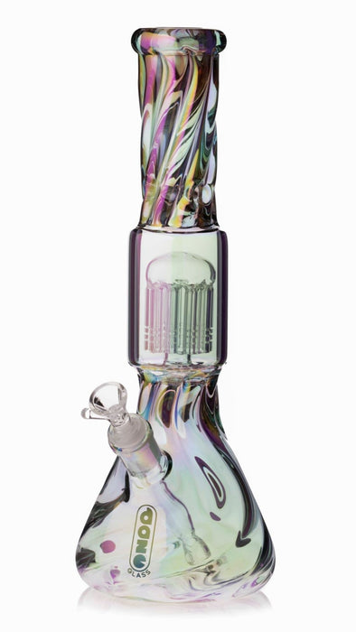 Glass smoking device with multicolored design on a white background