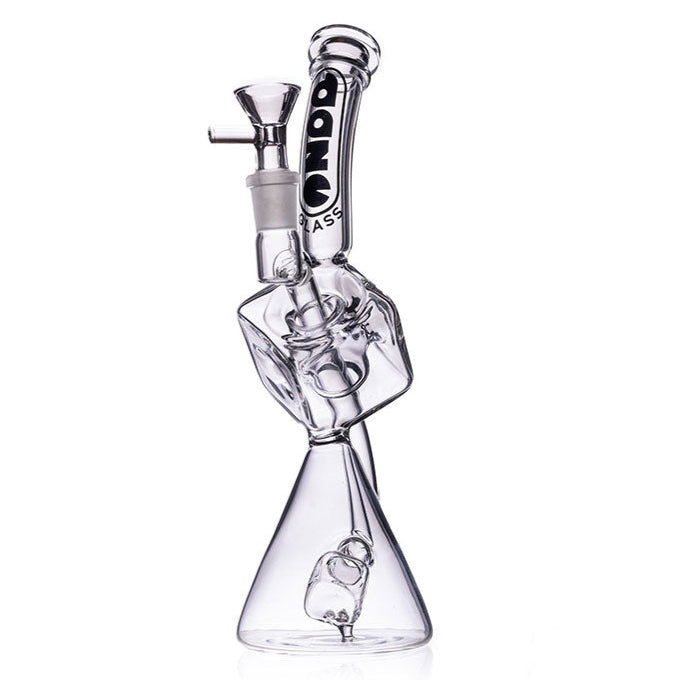 Clear glass water pipe with a brand logo on a white background