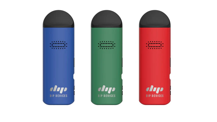 Three DP Devices vape pens in blue, green, and red on a white background