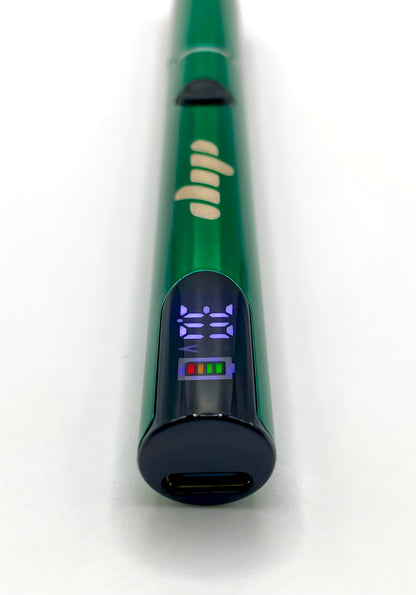 Green electronic device with digital display on a white background