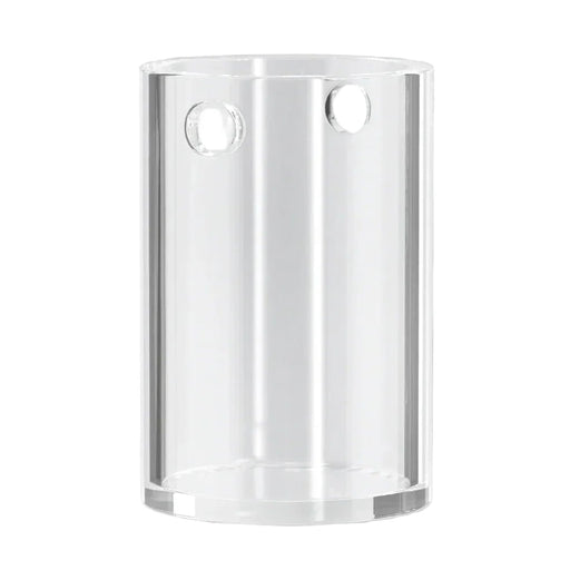 Clear plastic corner shelf with two circular cutouts on a white background