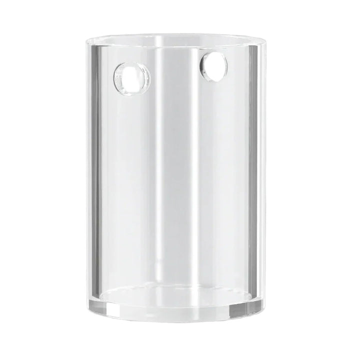 Clear plastic corner shelf with two circular cutouts on a white background