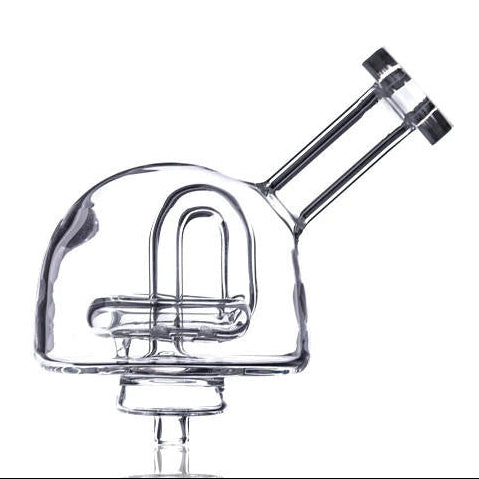 Clear glass water pipe with metallic accents on a white background