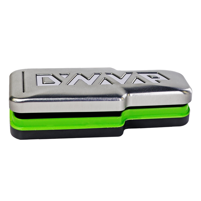 Multi-tool with green and black accents on a white background