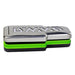 Multi-tool with green and black accents on a white background